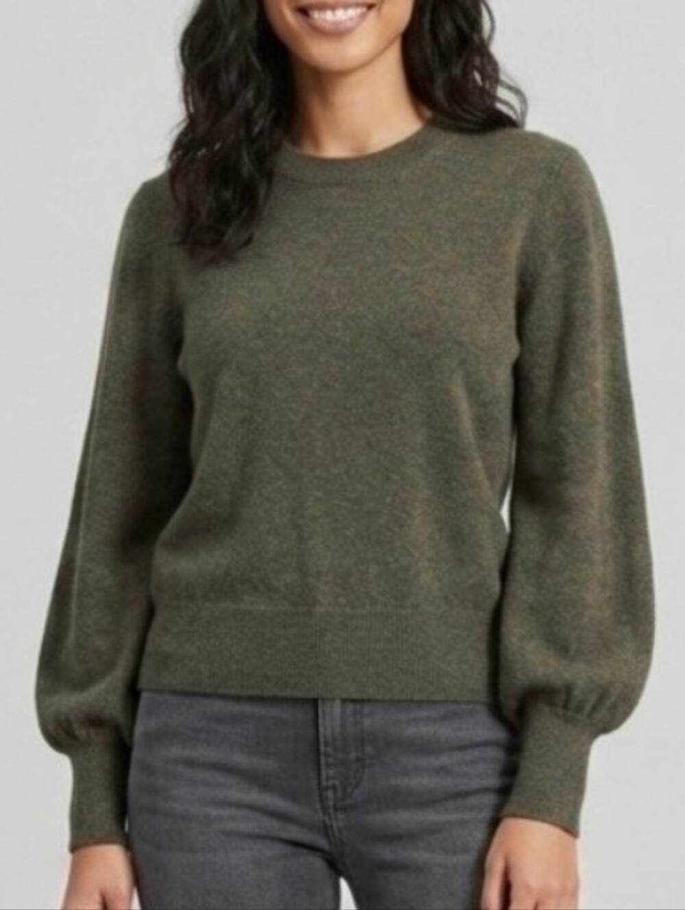 Everlane Puff Sleeve 100% Cashmere Crewneck Olive Green Sweater sz L